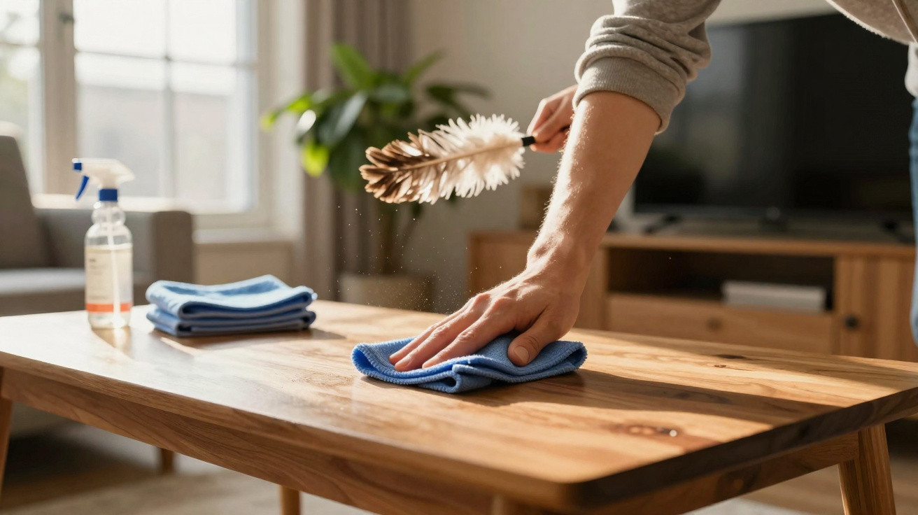 Person dusting and wiping a wooden table in a bright living room with cleaning spray and cloths nearby.