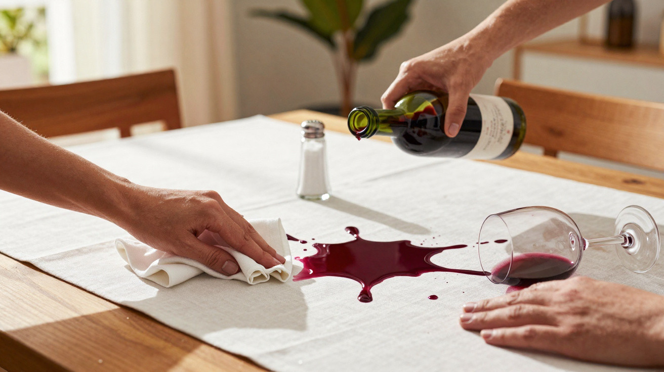 Hands cleaning red wine spilled from a tipped glass on a white tablecloth with a wine bottle nearby.