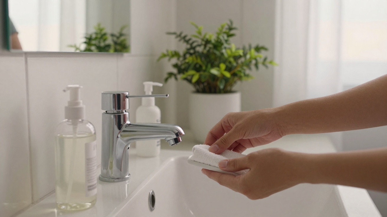 Hands holding a white towel near a bathroom sink with a chrome faucet and soap dispenser, a plant in the background.