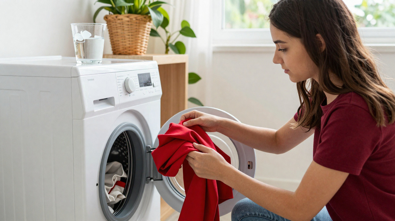 Woman loading red clothes into a front-loading washing machine in a bright laundry room.