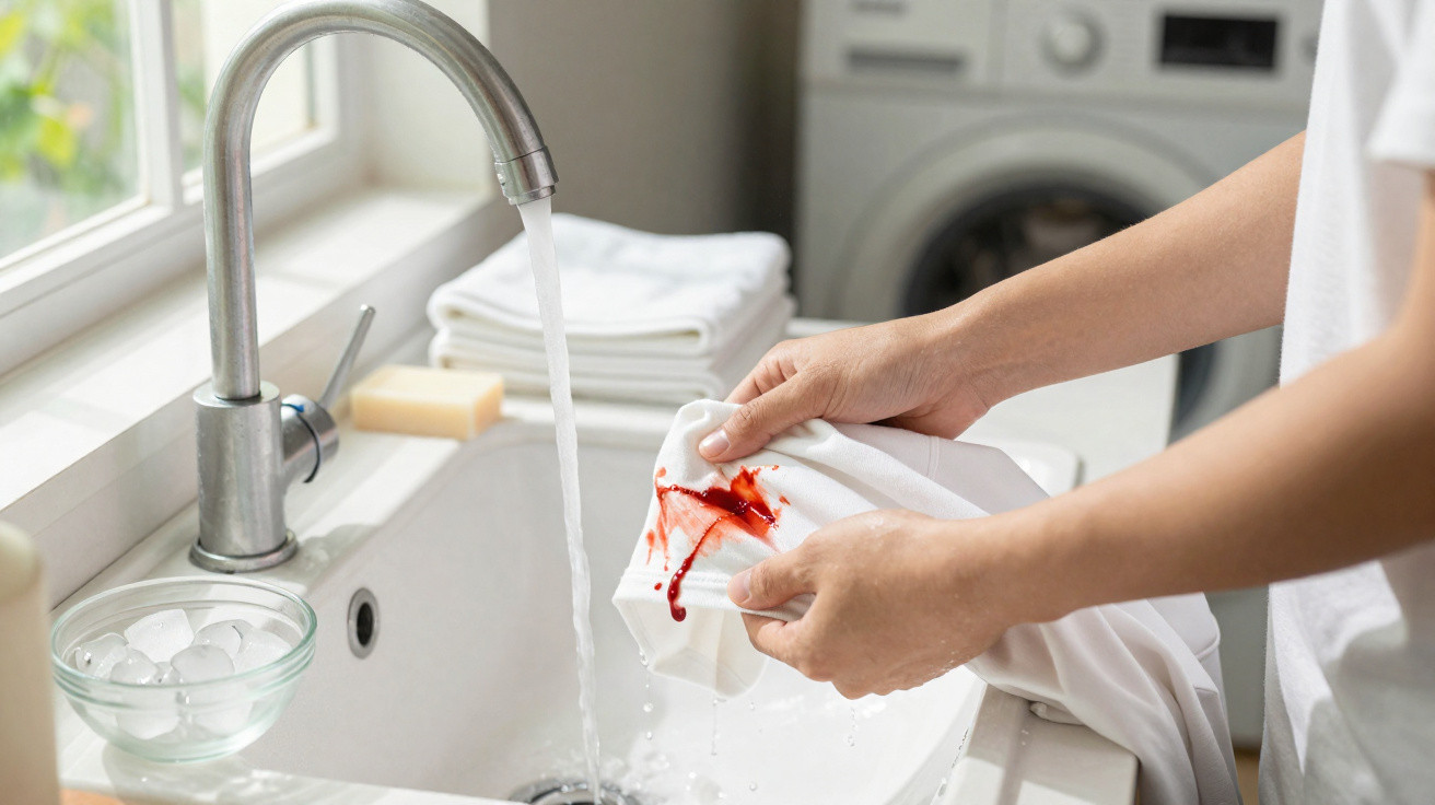 Hands rinsing a white cloth with a blood stain under a running kitchen sink tap next to a washing machine.