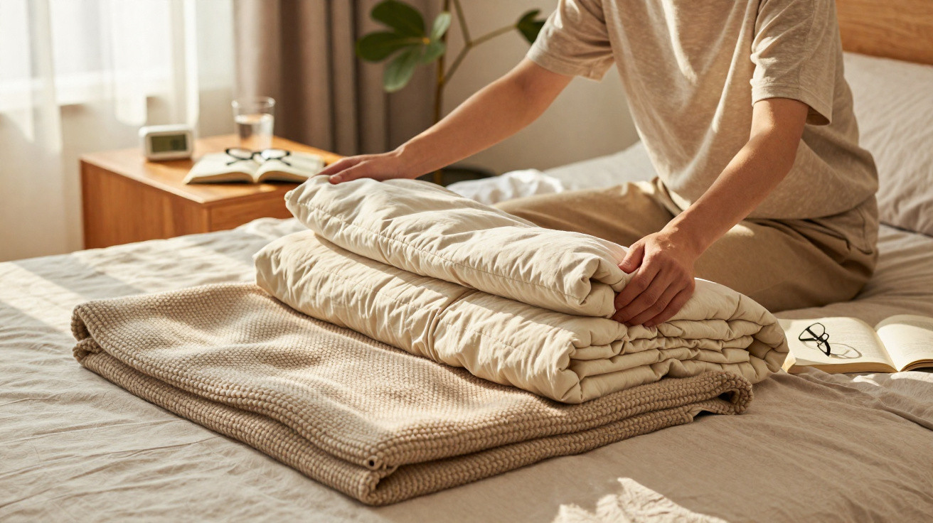Person folding a beige quilt on a bed with a knitted blanket and open book nearby in a sunlit bedroom.