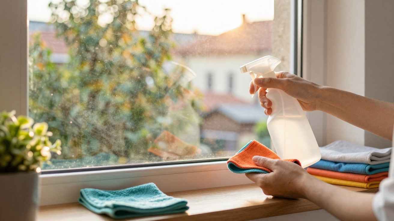 Person cleaning a window with spray bottle and cloth at home during daylight.