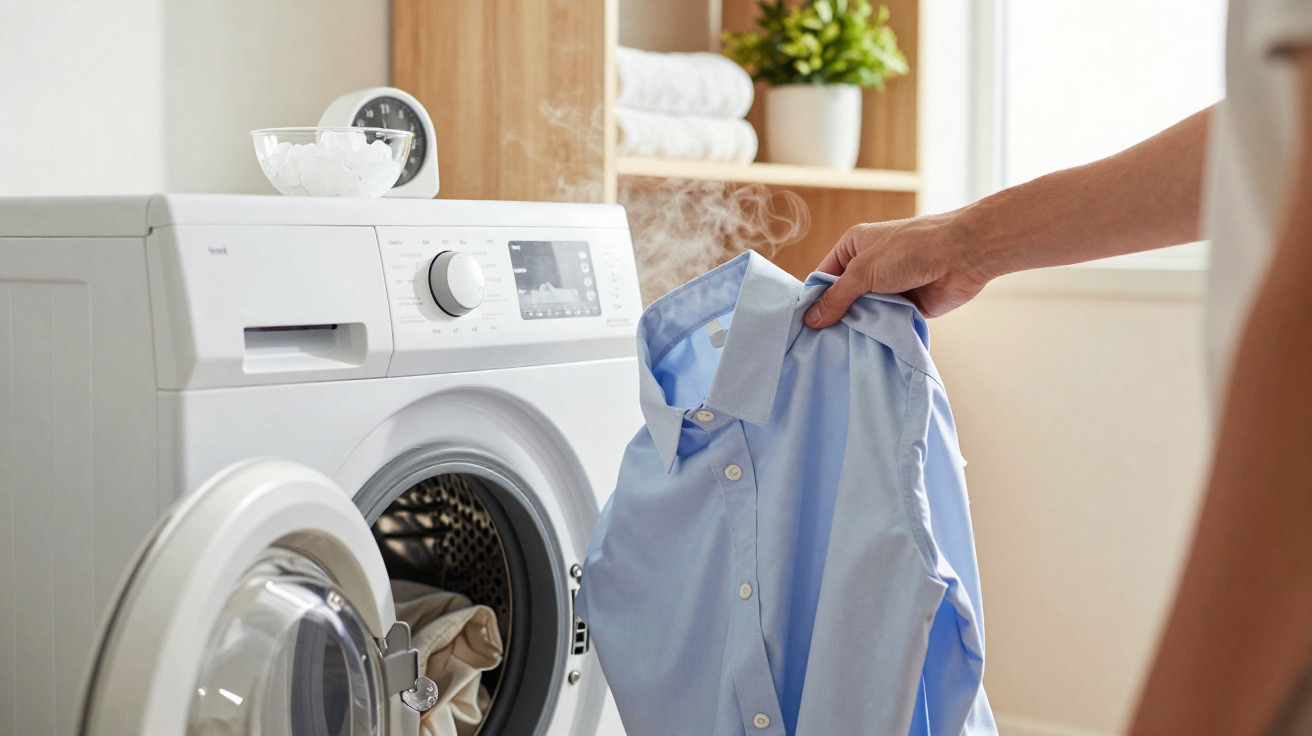 Person holding a steaming blue shirt in front of a front-loading washing machine in a laundry room.