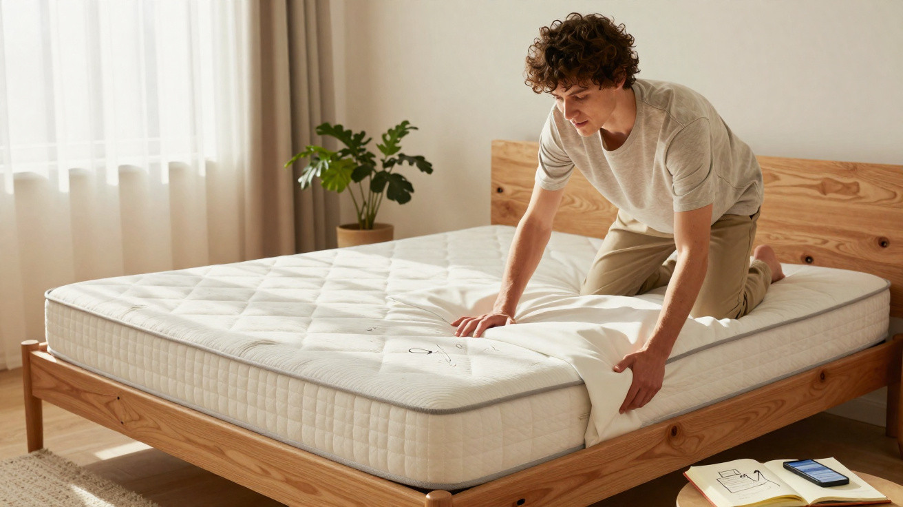 Man kneeling on bed putting on white sheet on mattress in bright room with plant and open notebook nearby