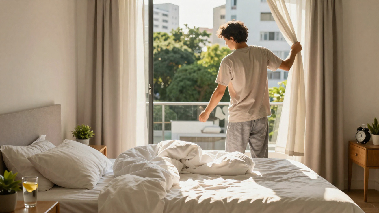 Person opening curtains in bright bedroom with unmade bed and city view outside the window.