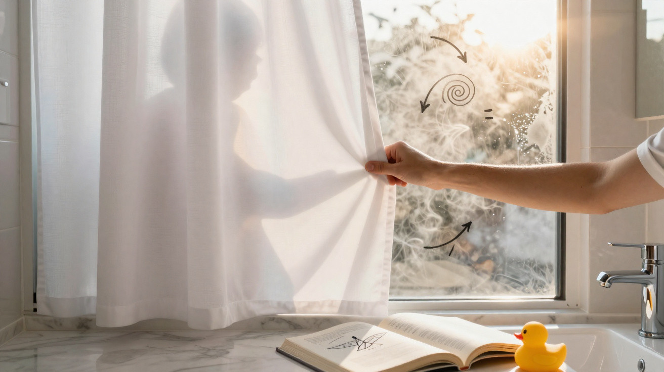 Child's silhouette behind a white curtain by a bathroom window with drawings on the fogged glass and an open book with a yell
