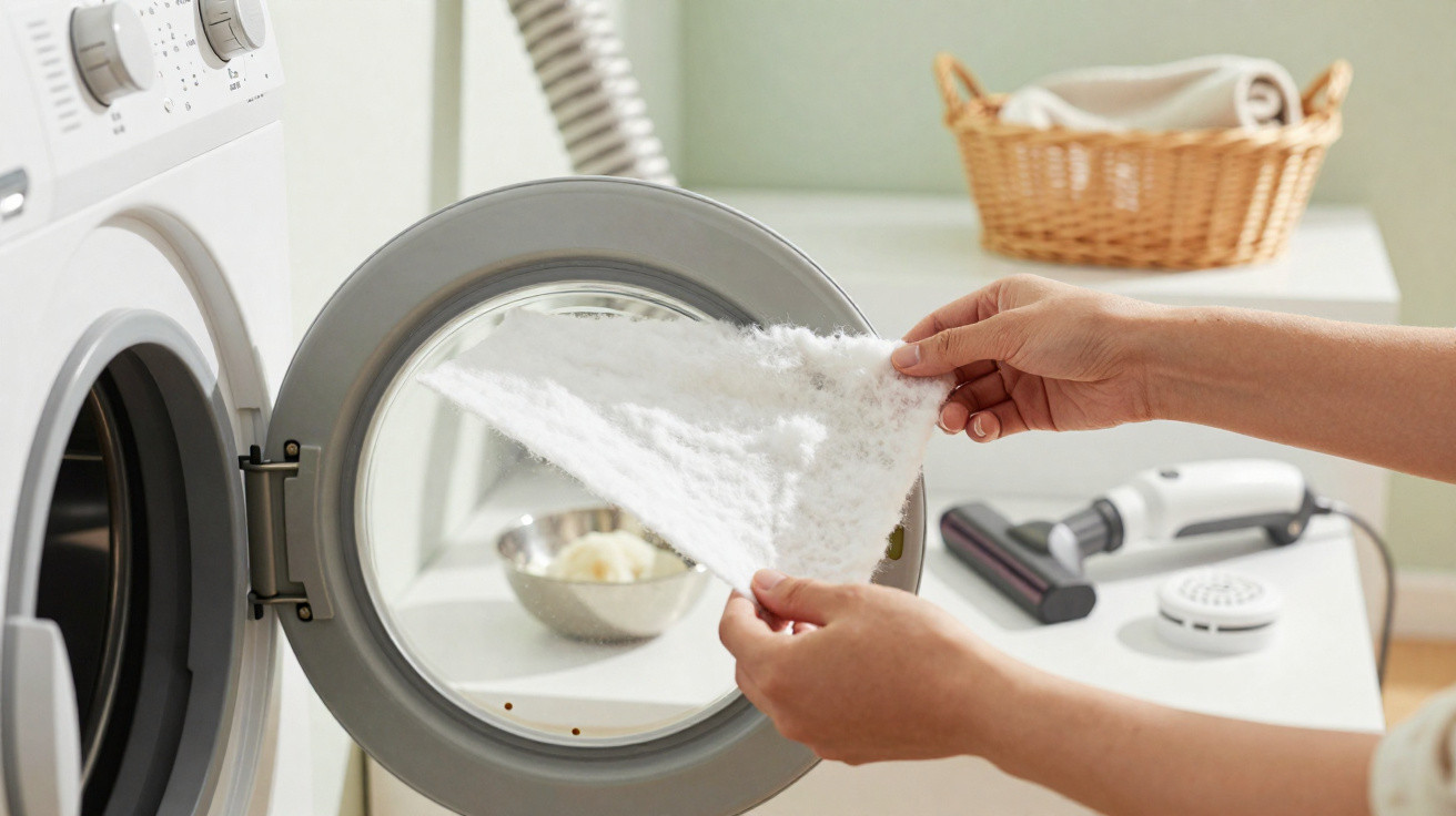 Hands removing a clogged dryer lint filter from a front-loading dryer with a laundry basket in the background.