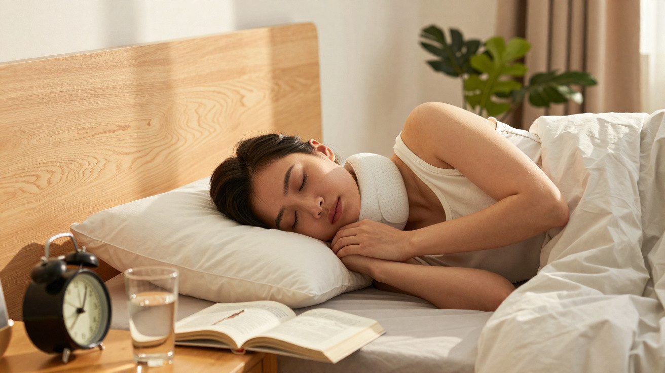 Woman sleeping on a bed with a neck pillow, next to an alarm clock, glass of water, and an open book.