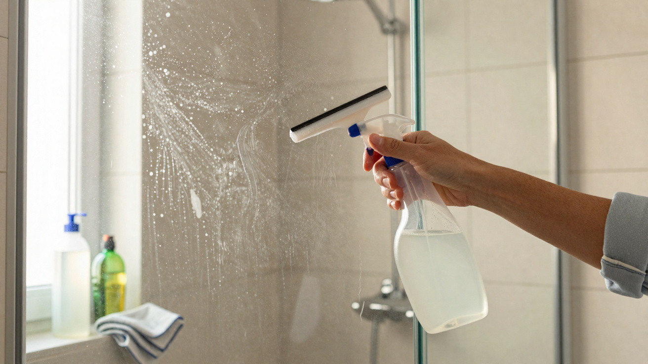 Person cleaning a glass shower door with a spray bottle and squeegee in a bathroom.