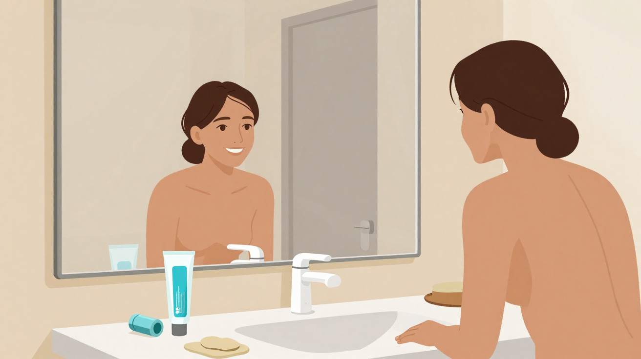 Woman looking at herself in a bathroom mirror with skincare products on the sink countertop.