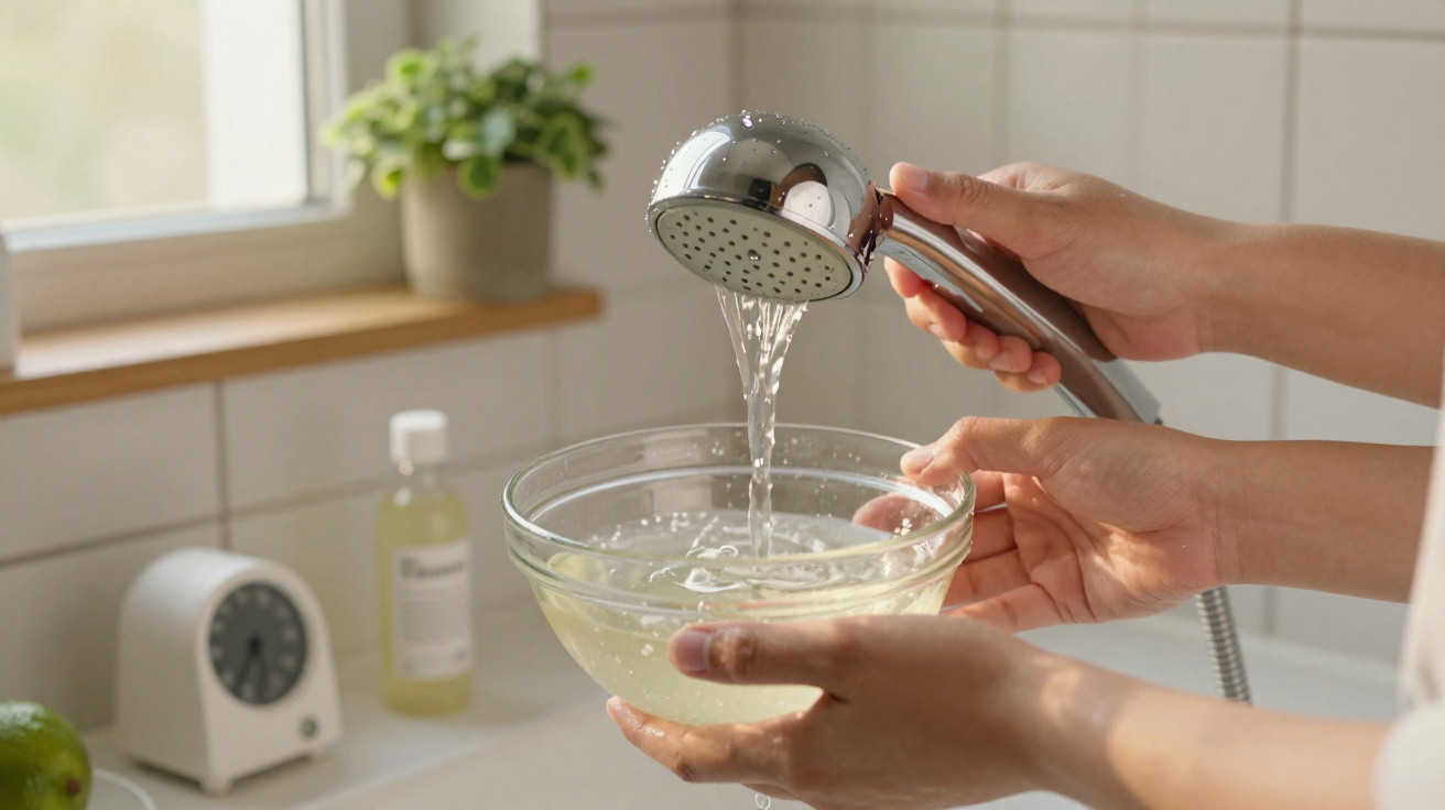 Person rinsing a glass bowl with water from a handheld shower head in a tiled kitchen or bathroom.