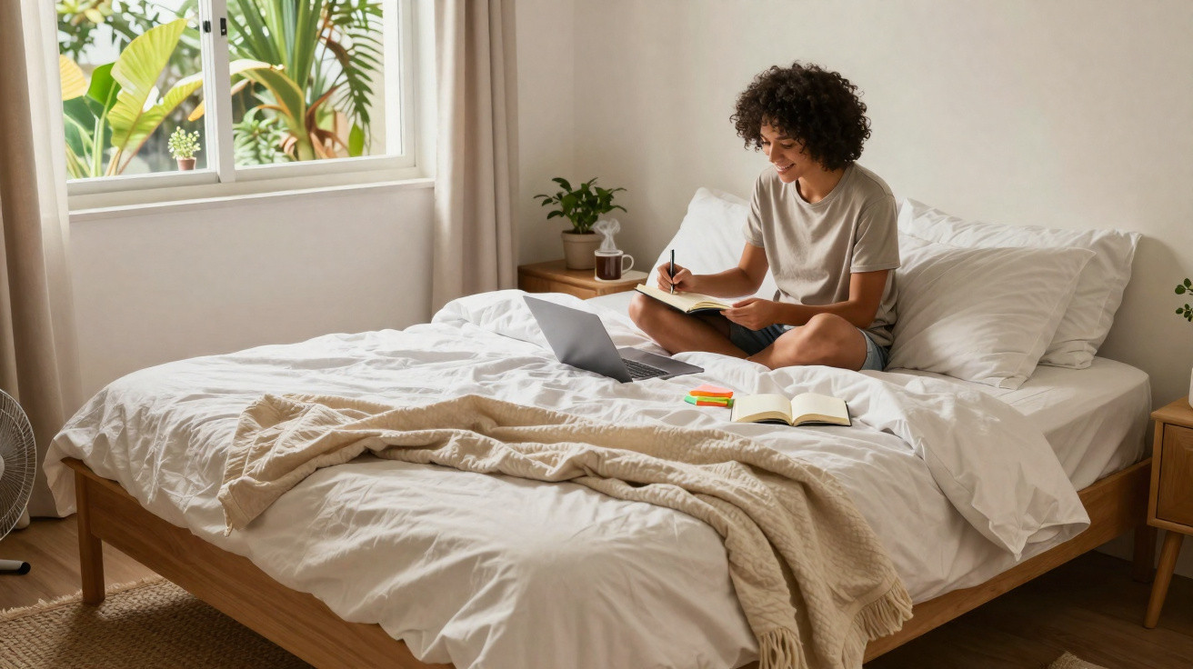 Person sitting cross-legged on a bed writing in a notebook with a laptop and books nearby in a bright bedroom.