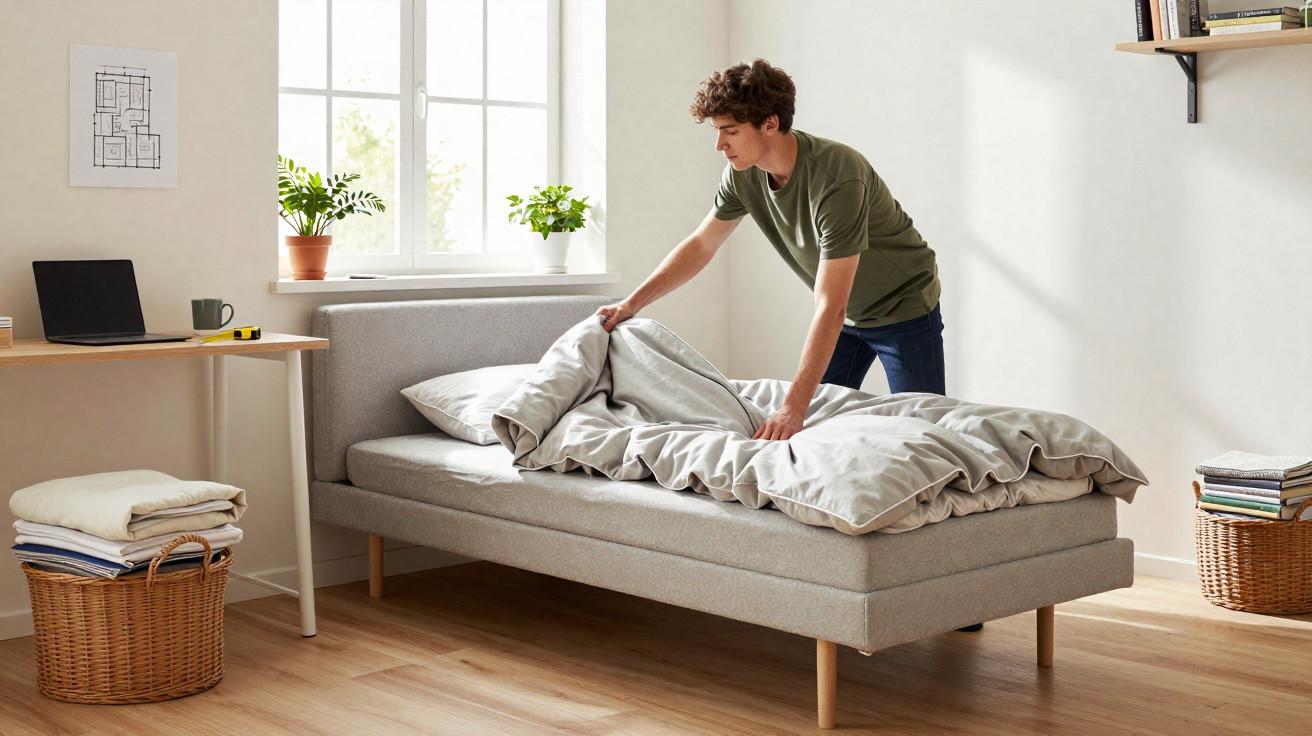 Young man making a bed in a bright, minimalist bedroom with plants, books, and a laptop on a desk.