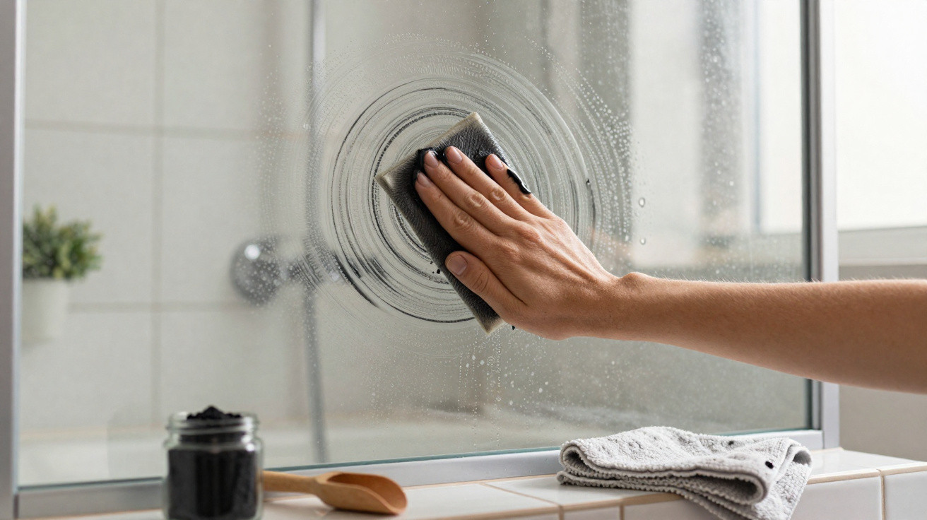 Hand cleaning a glass surface with a sponge in a bright bathroom with a grey cloth and jar nearby.