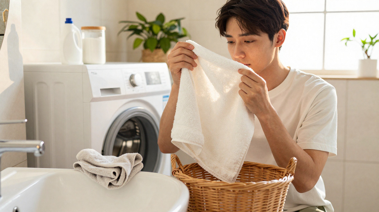 Young man smelling a clean white towel while doing laundry in a bright bathroom with a washing machine.