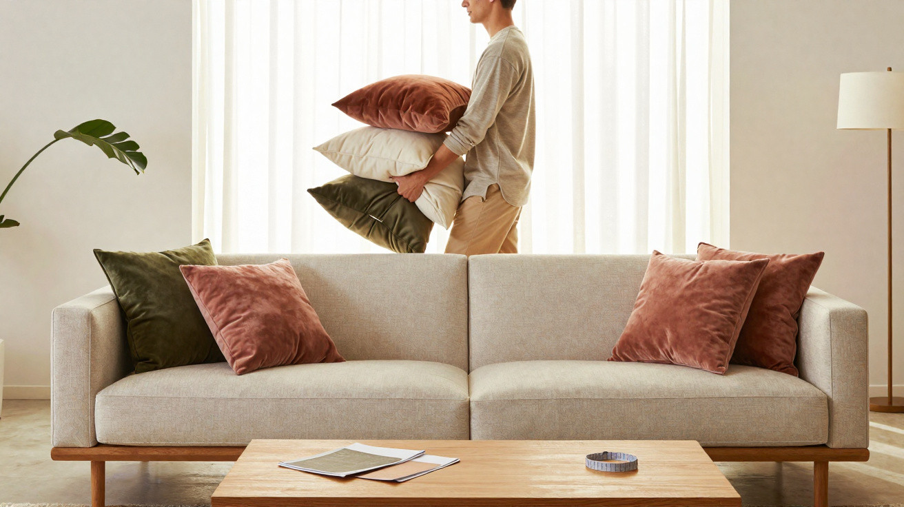 Person holding stack of decorative cushions behind beige sofa in modern living room with wooden table and lamp