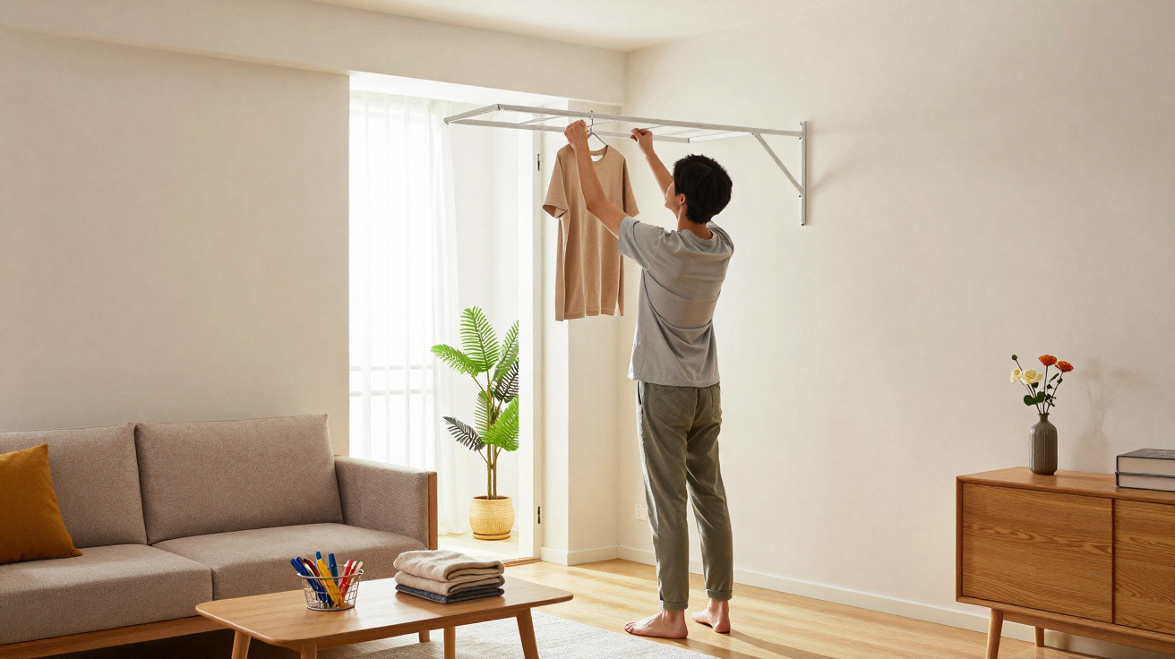 Person hanging a beige shirt on an indoor wall-mounted drying rack in a bright, minimal living room.