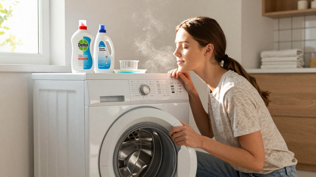 Woman smelling steam from a front-loading washing machine in a bright laundry room with detergent bottles on top.