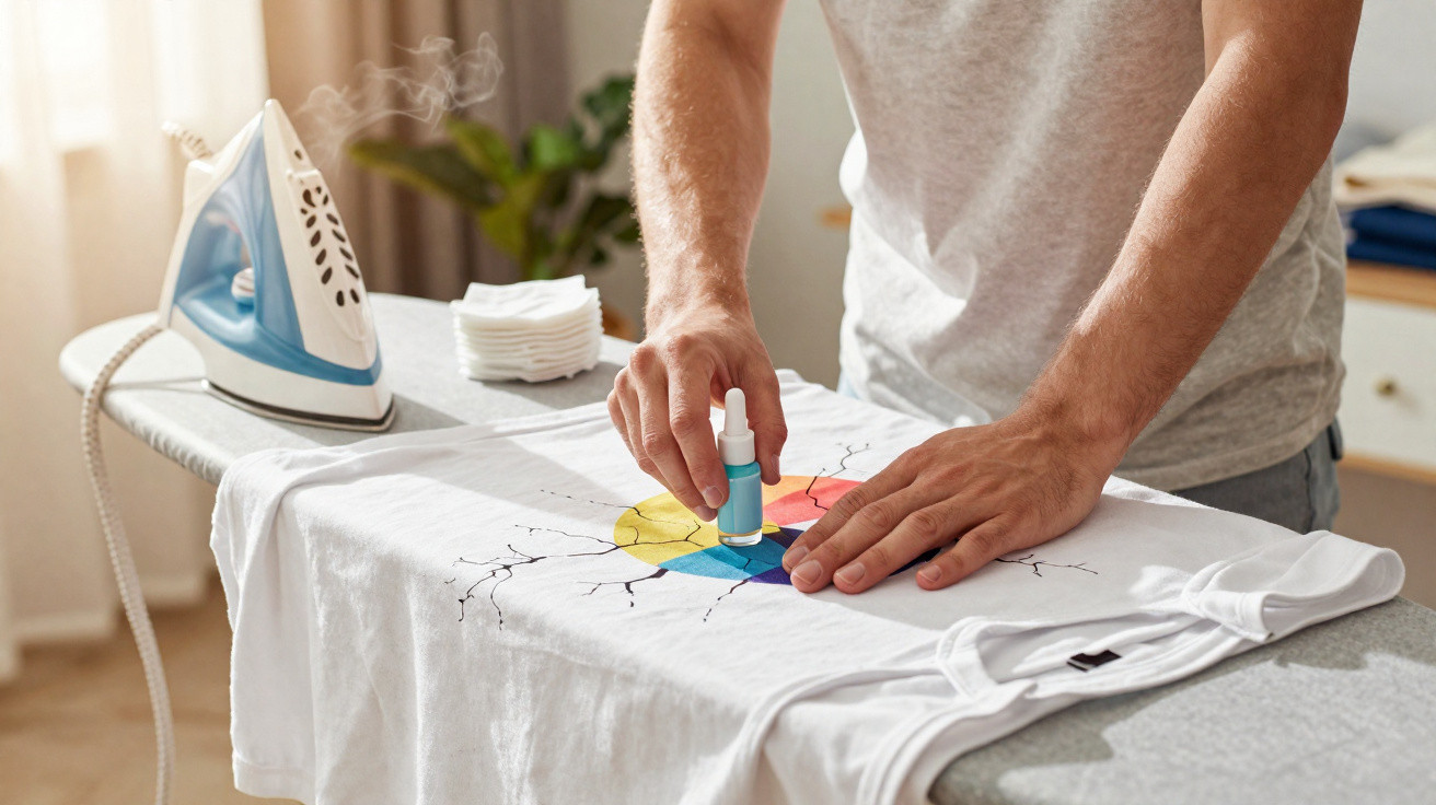Person applying paint to a colourful cracked design on a white t-shirt on an ironing board next to a steaming iron.