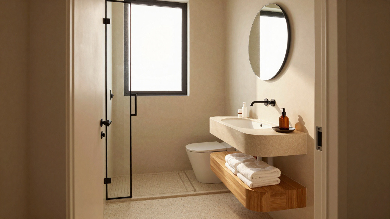 Minimalist bathroom with floating sink, round mirror, towels, toilet, and glass shower enclosure.