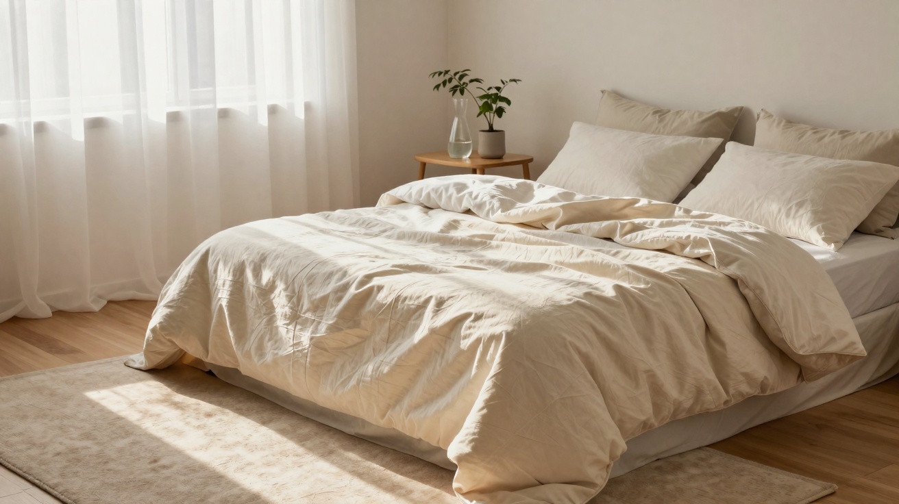 Unmade bed with beige bedding next to window with sheer curtains and a small wooden side table with a plant.