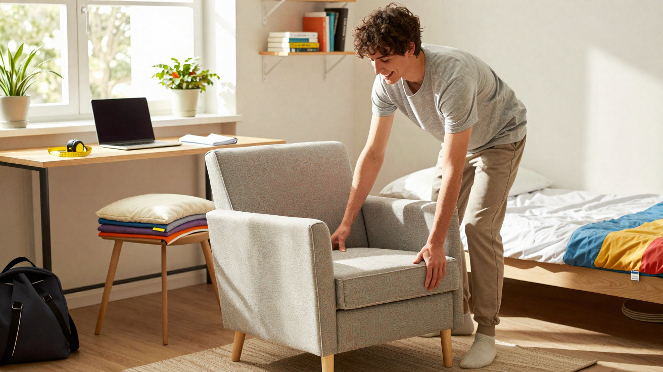 Young man arranging a grey armchair in a bright, tidy bedroom with a desk and bed nearby.
