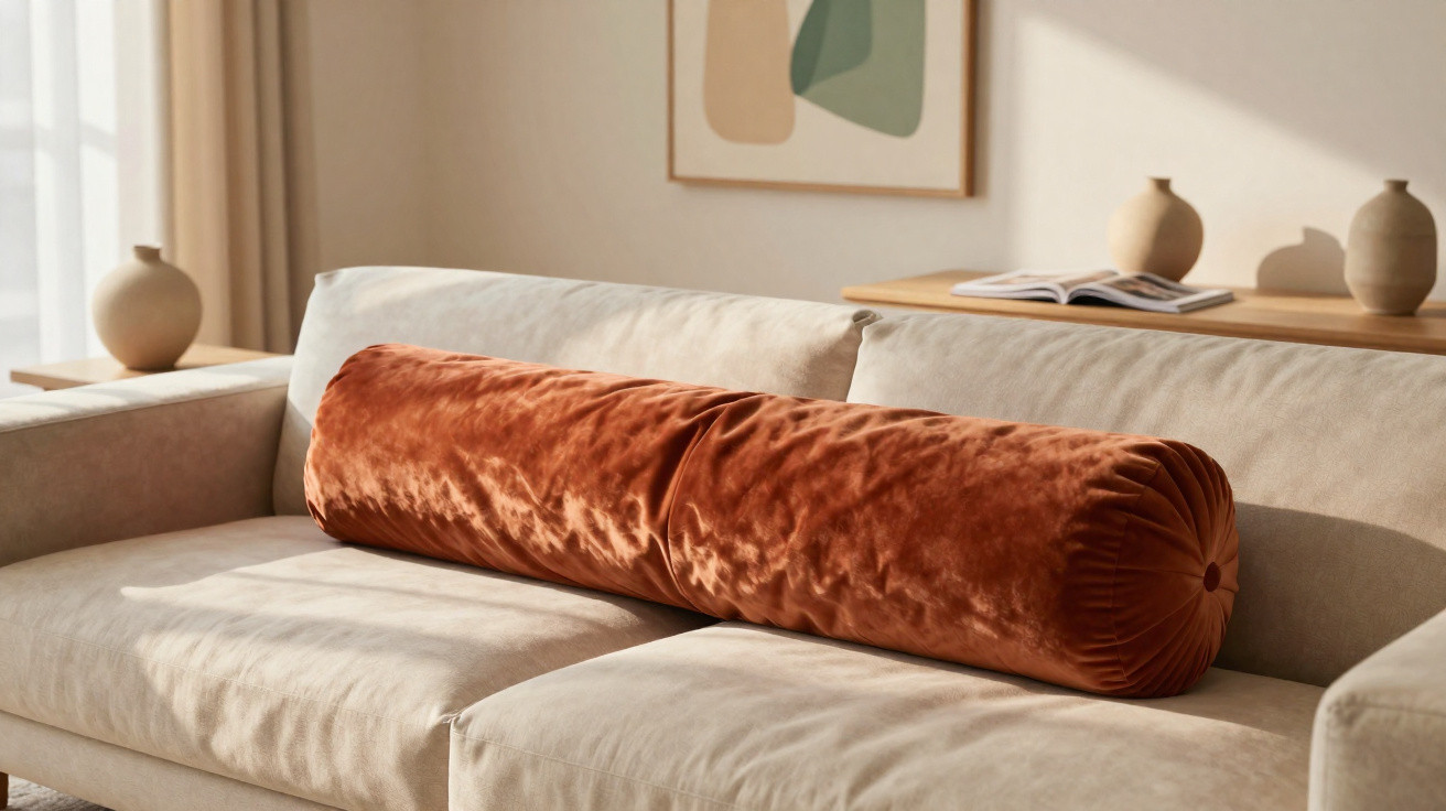 Beige sofa with a long cylindrical rust-coloured velvet cushion, a wooden console, vases, and abstract wall art.