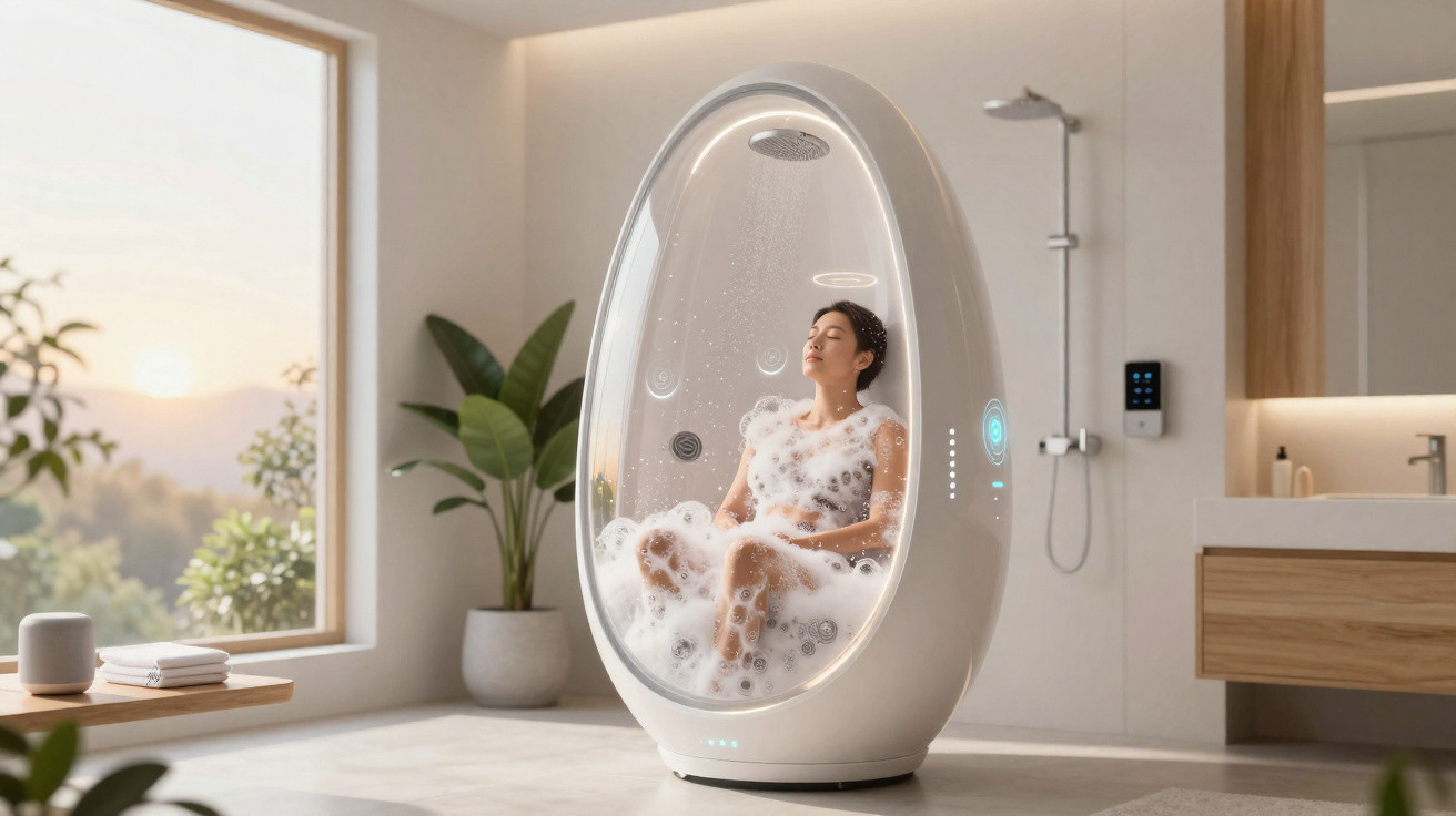 Woman relaxing in a futuristic oval bubble bath pod filled with foam in a modern bathroom with natural light.