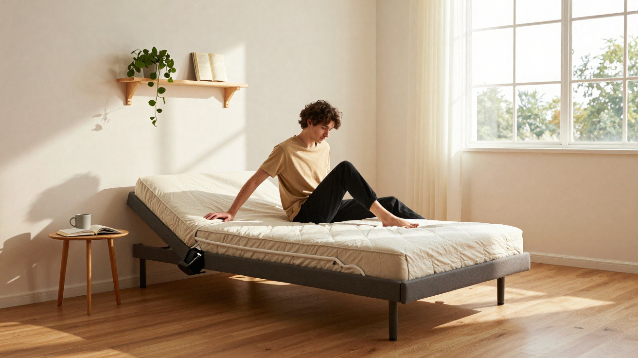 Young man sitting on an adjustable bed in a bright, minimalist bedroom with wooden floor and large window.