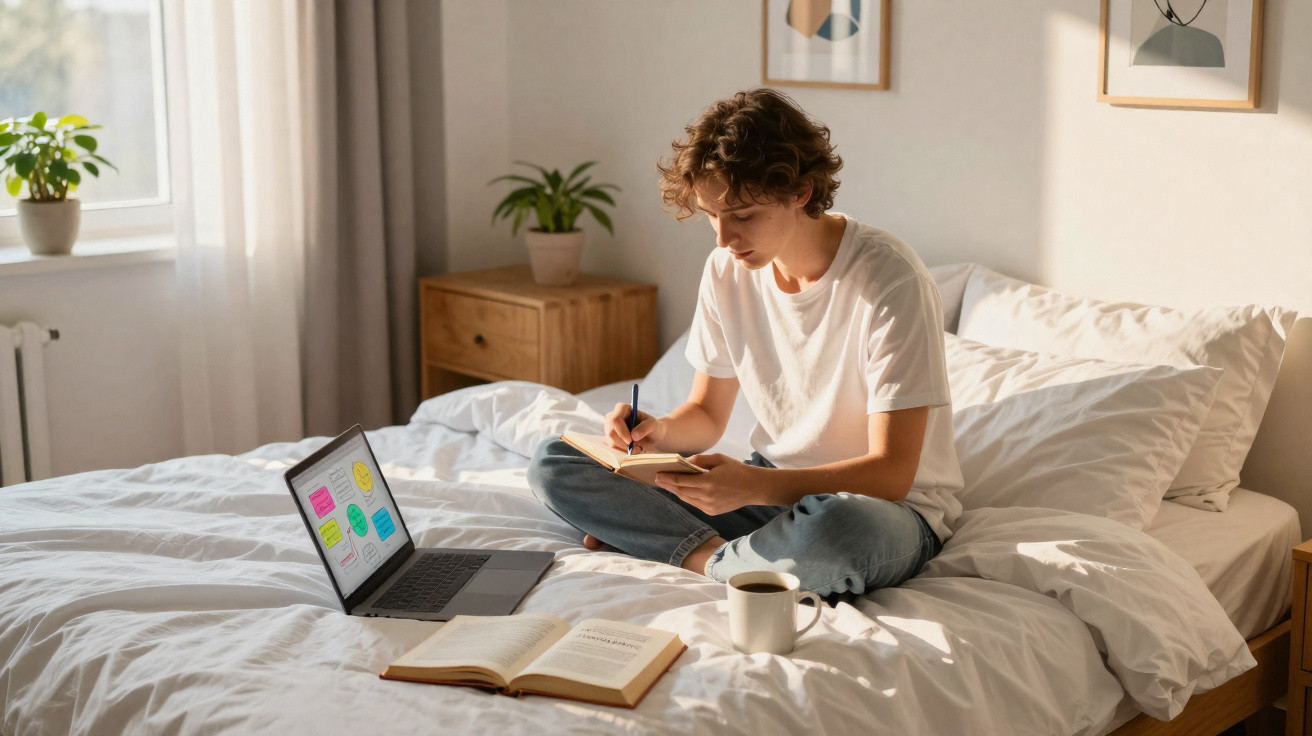 Young person sitting cross-legged on bed, writing in notebook with laptop, book, and coffee cup nearby.