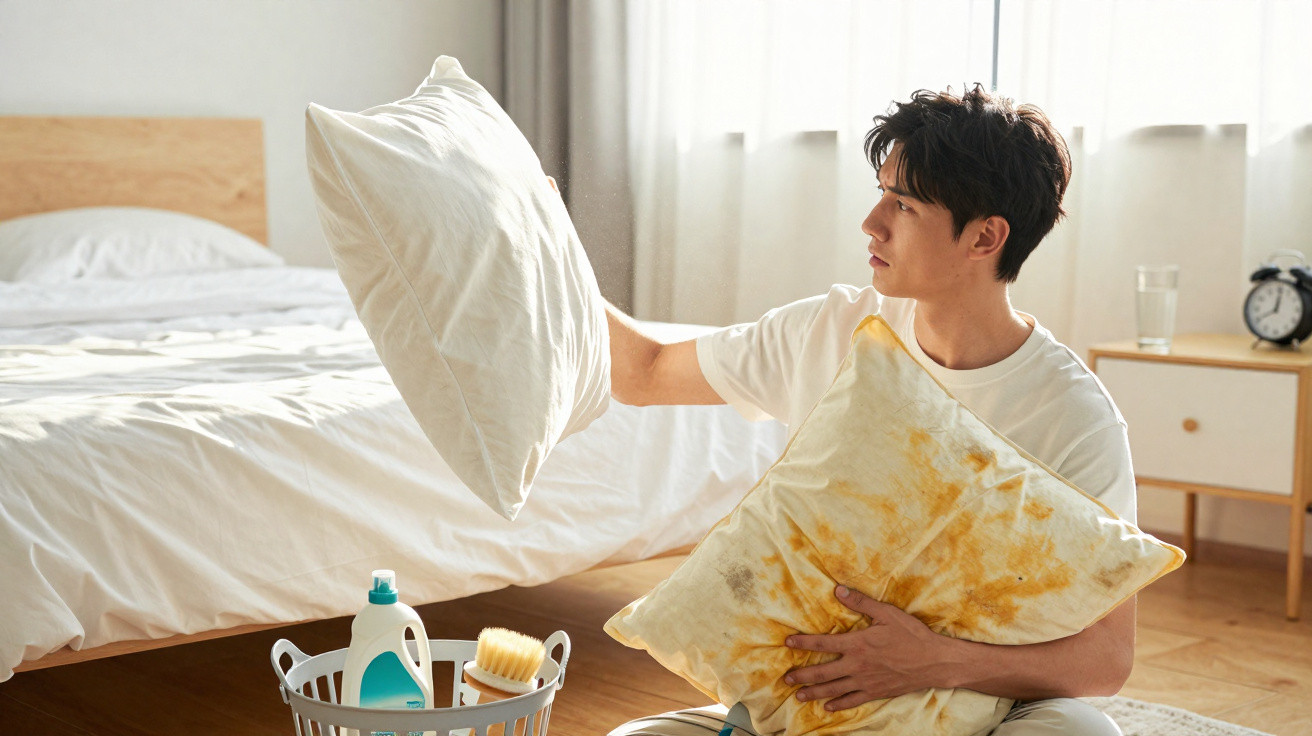 Man holding a stained cushion and a clean cushion beside a bed in a bright bedroom with laundry supplies.