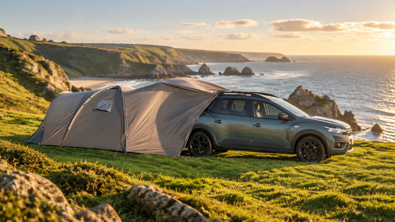 Car with an attached tent pitched on grassy cliffs overlooking a rocky coastline at sunset.