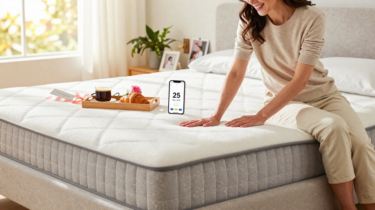 Woman sitting on edge of bed testing mattress with phone and breakfast tray nearby in bright bedroom