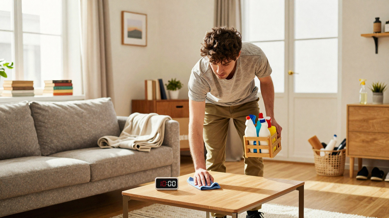 Young man cleaning wooden coffee table in bright living room with cleaning spray bottles and cloth