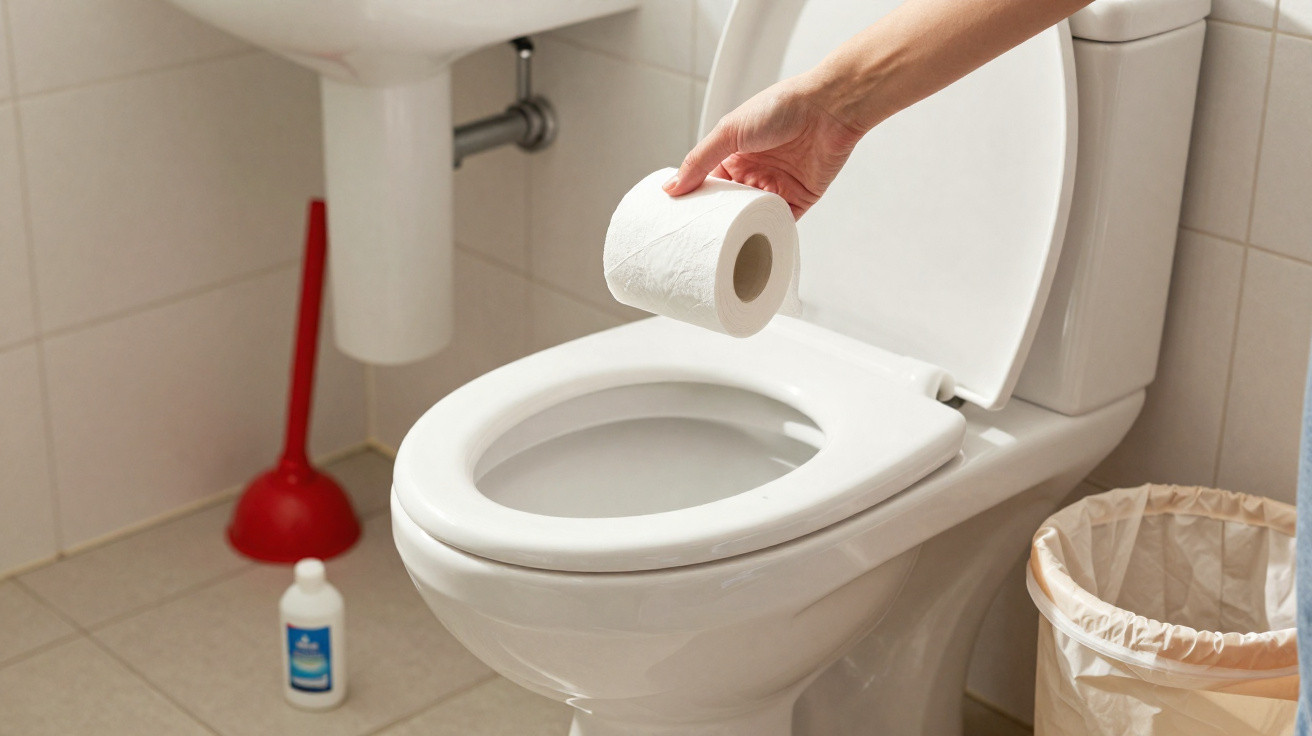 Hand holding a roll of toilet paper above a white toilet seat in a bathroom with a red plunger and cleaning bottle.