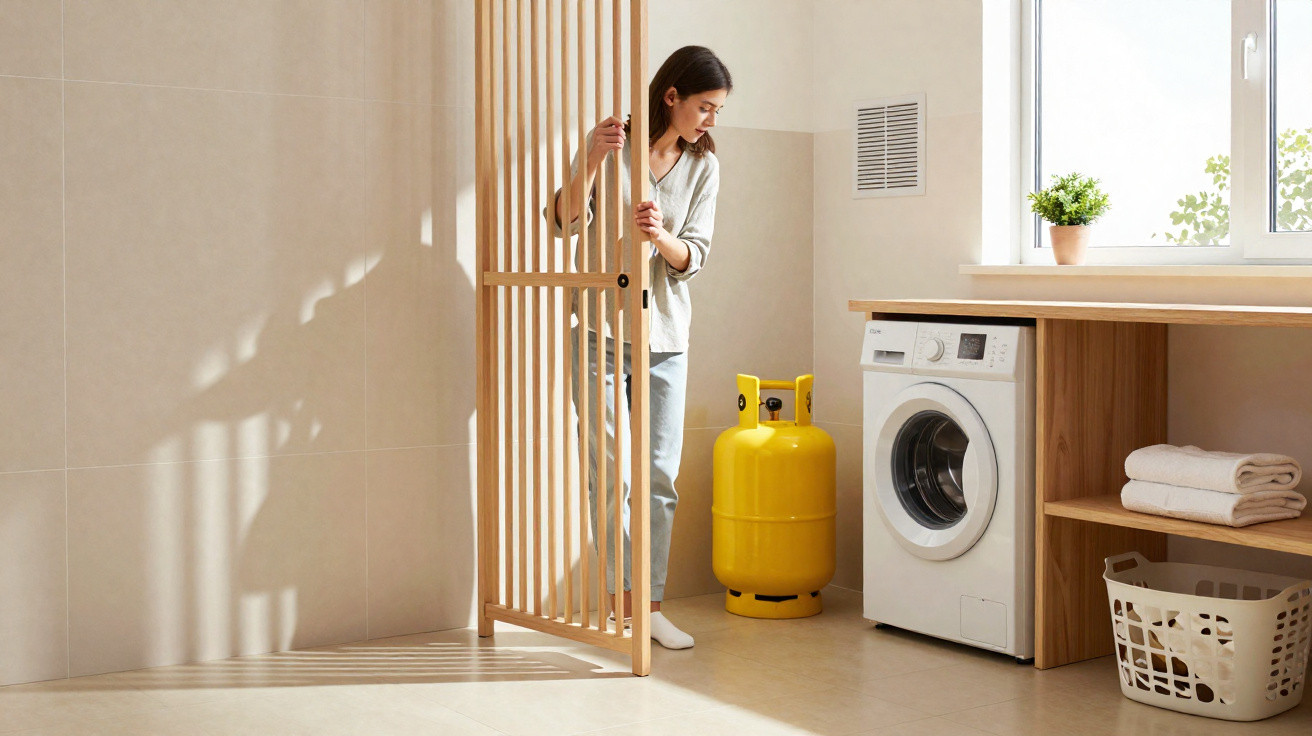 Woman opening wooden door to laundry room with washing machine, yellow gas cylinder, plant, towels, and laundry basket.