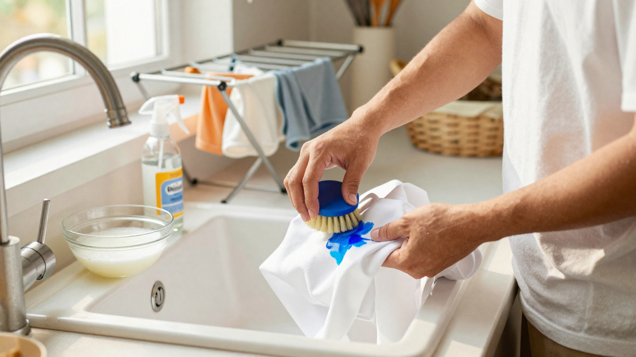 Person scrubbing blue paint stain off white garment over kitchen sink with cleaning brush and detergent.