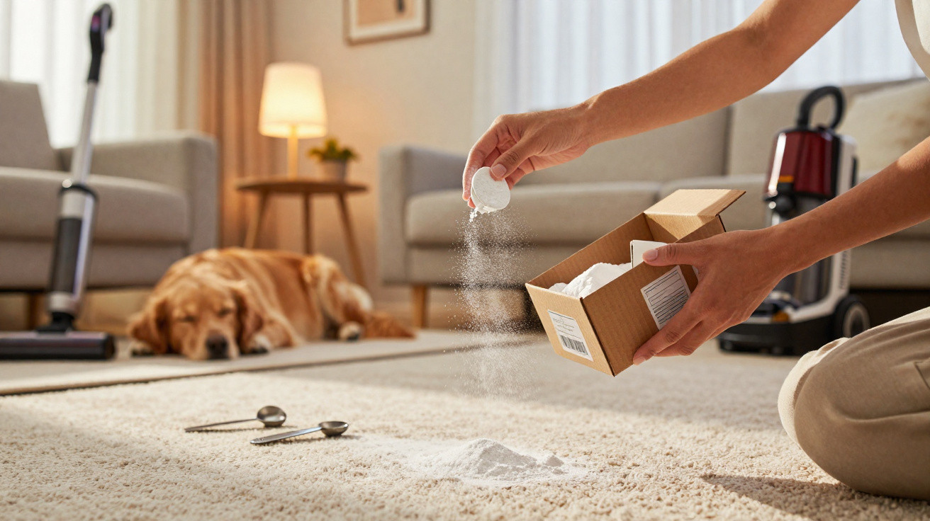 Person sprinkling baking soda on carpet with vacuum and dog resting in the background in a living room.