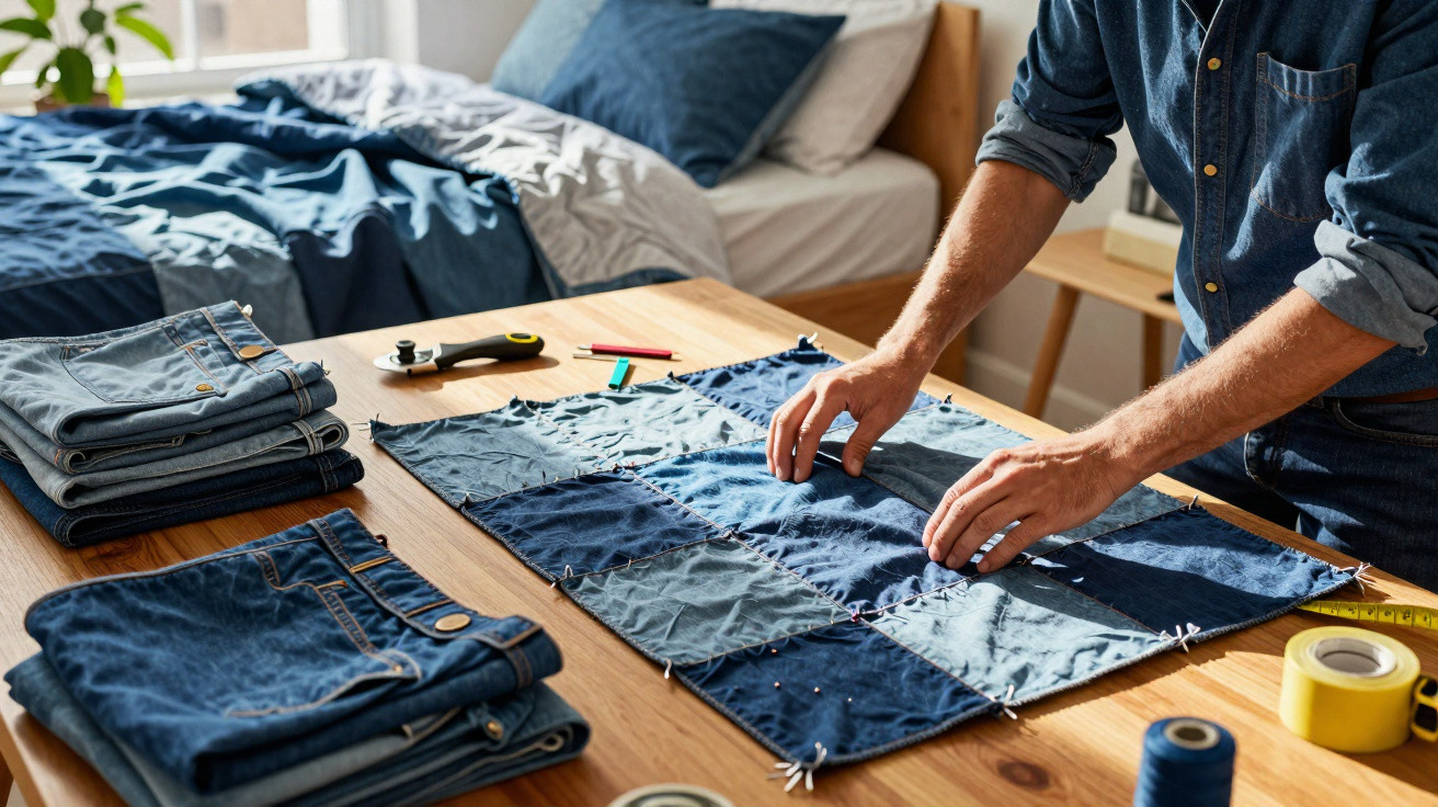 Person pinning a patchwork quilt made of denim fabric pieces on a wooden table.