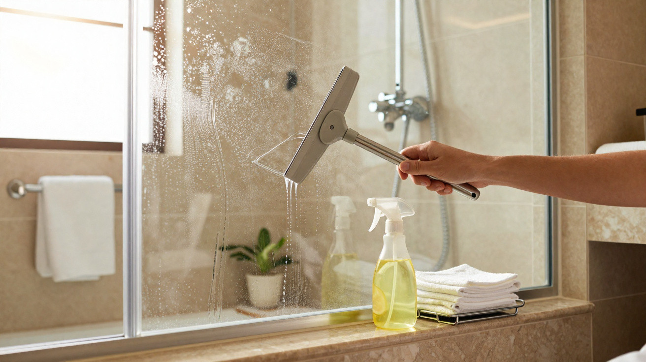 Person cleaning a glass shower door with a squeegee and yellow spray bottle in a tiled bathroom.