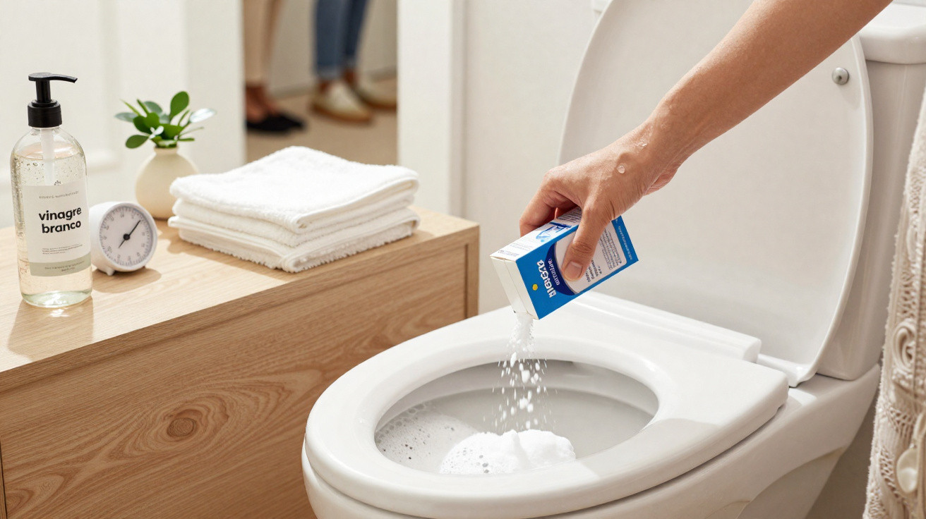 Person pouring cleaning powder into a toilet bowl in a tidy bathroom with folded towels and white vinegar bottle nearby.