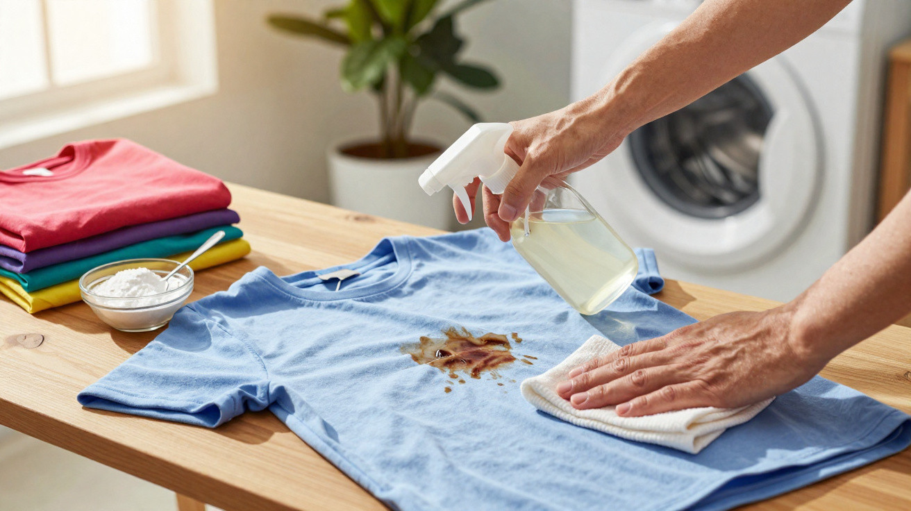 Person spraying stain remover on brown stain on blue t-shirt with washing machine in background.