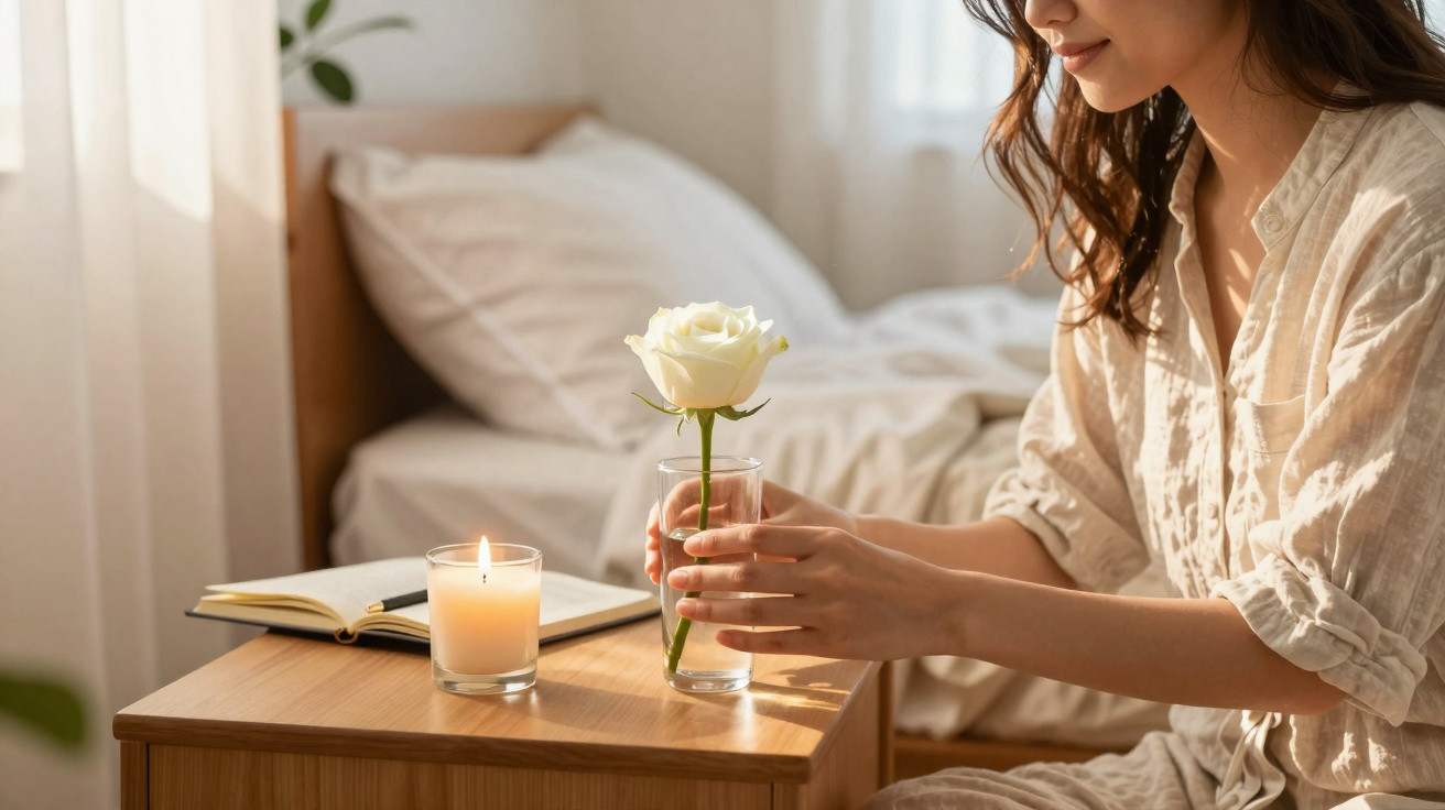 Woman placing a white rose in a glass vase on a wooden bedside table with a lit candle and open book.