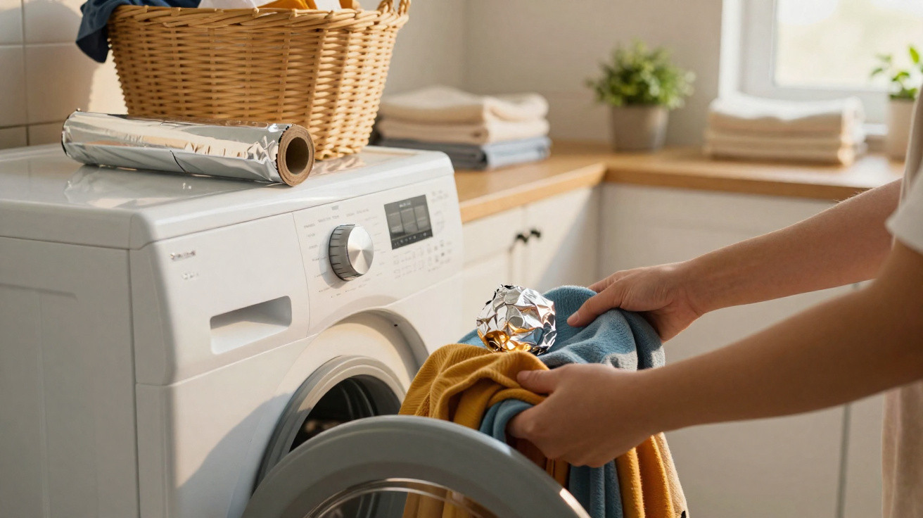 Person loading clothes into a front-loading washing machine in a bright laundry room with a wicker basket nearby.