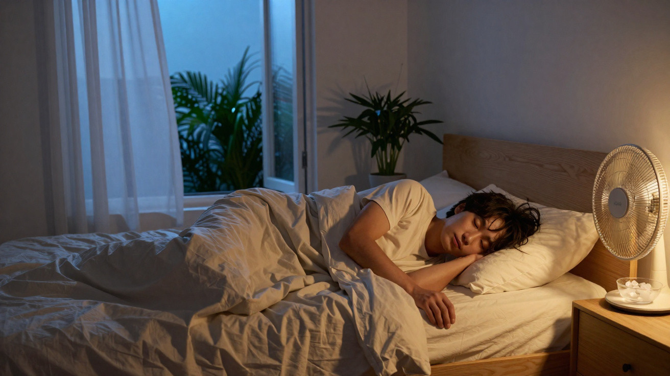 Person sleeping on their side in a bed at night with plants and a fan in a softly lit bedroom.