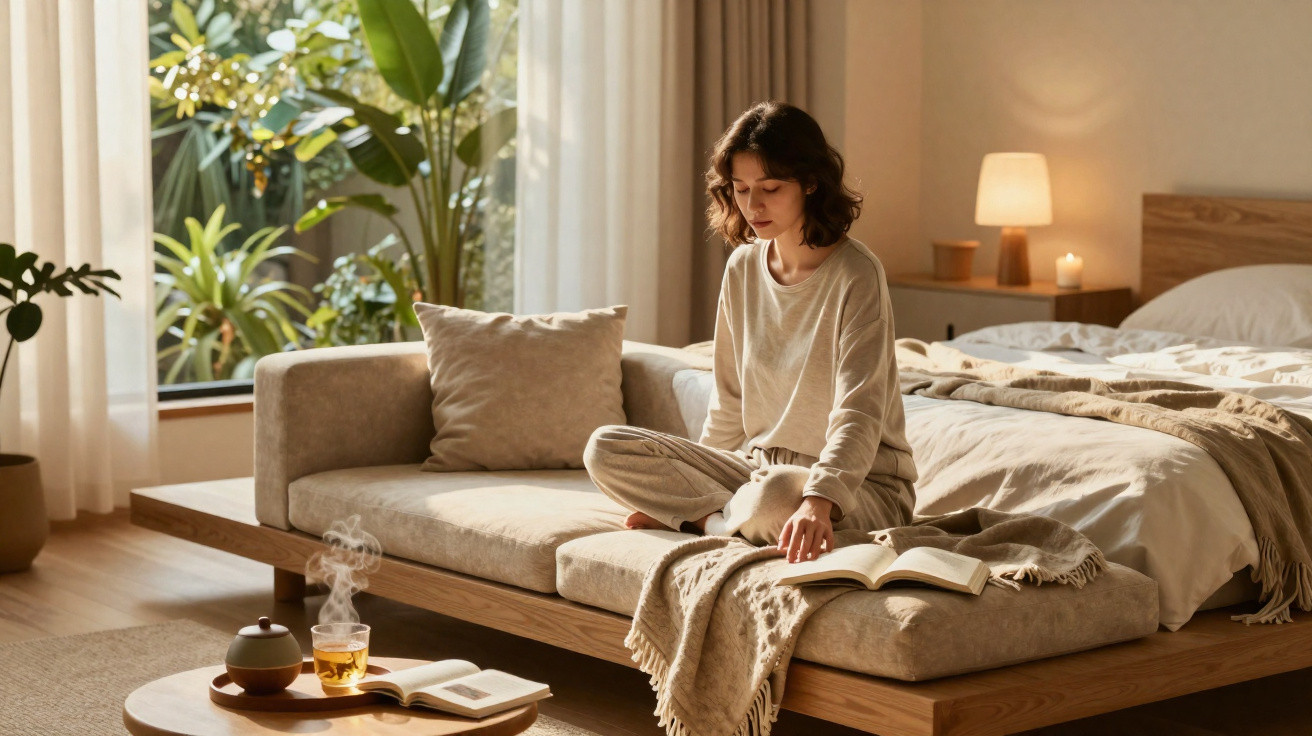Woman in beige loungewear sitting on a sofa reading a book in a sunlit bedroom with plants and tea.