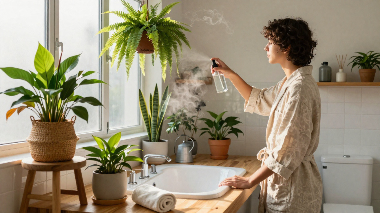 Person in a bathrobe misting indoor plants on a wooden bathroom countertop beside a sink and window.