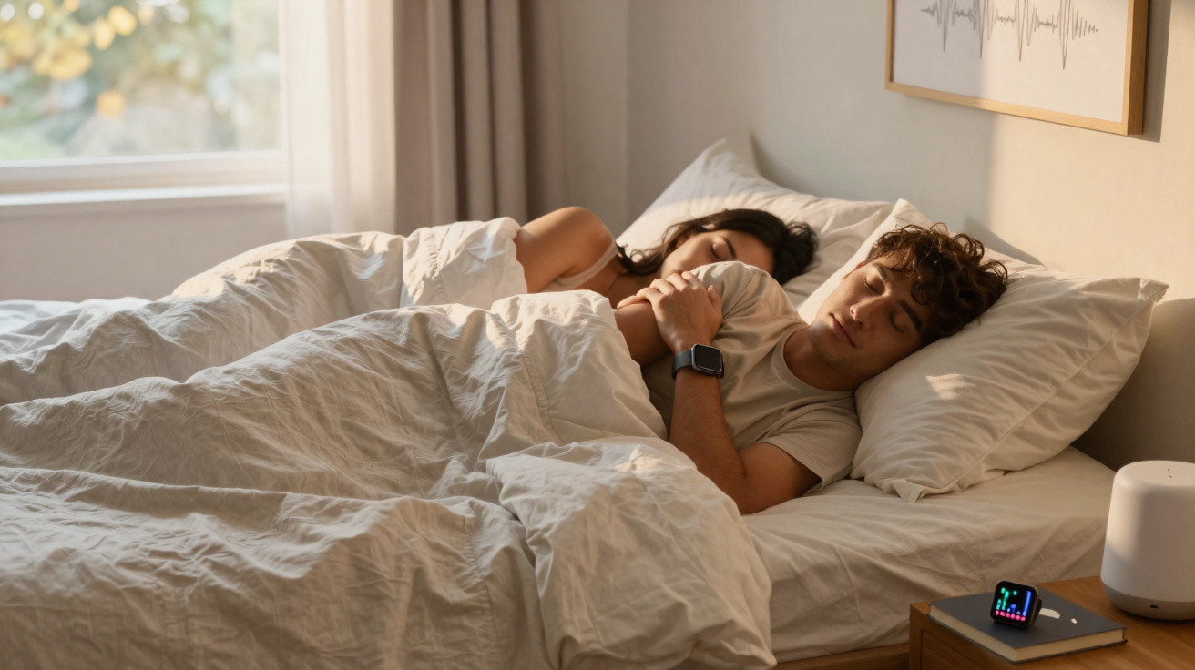 Couple sleeping peacefully in bed with white bedding in softly lit bedroom near window and bedside table.