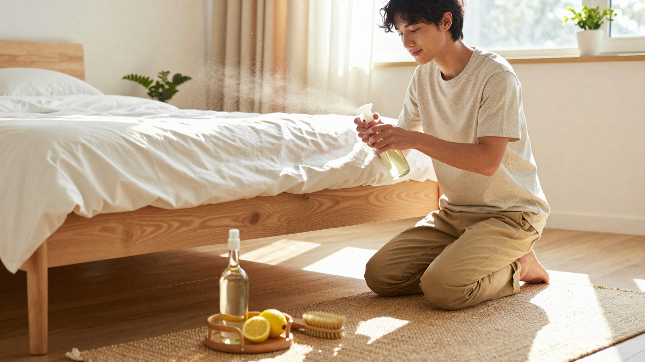 Person kneeling by bed holding a spray bottle in a bright bedroom with cleaning supplies nearby.